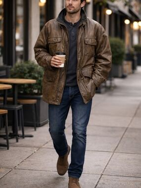 Mens Xl Vintage Distressed Gallucci Leather Barn Coat Rugged Outdoors Brown